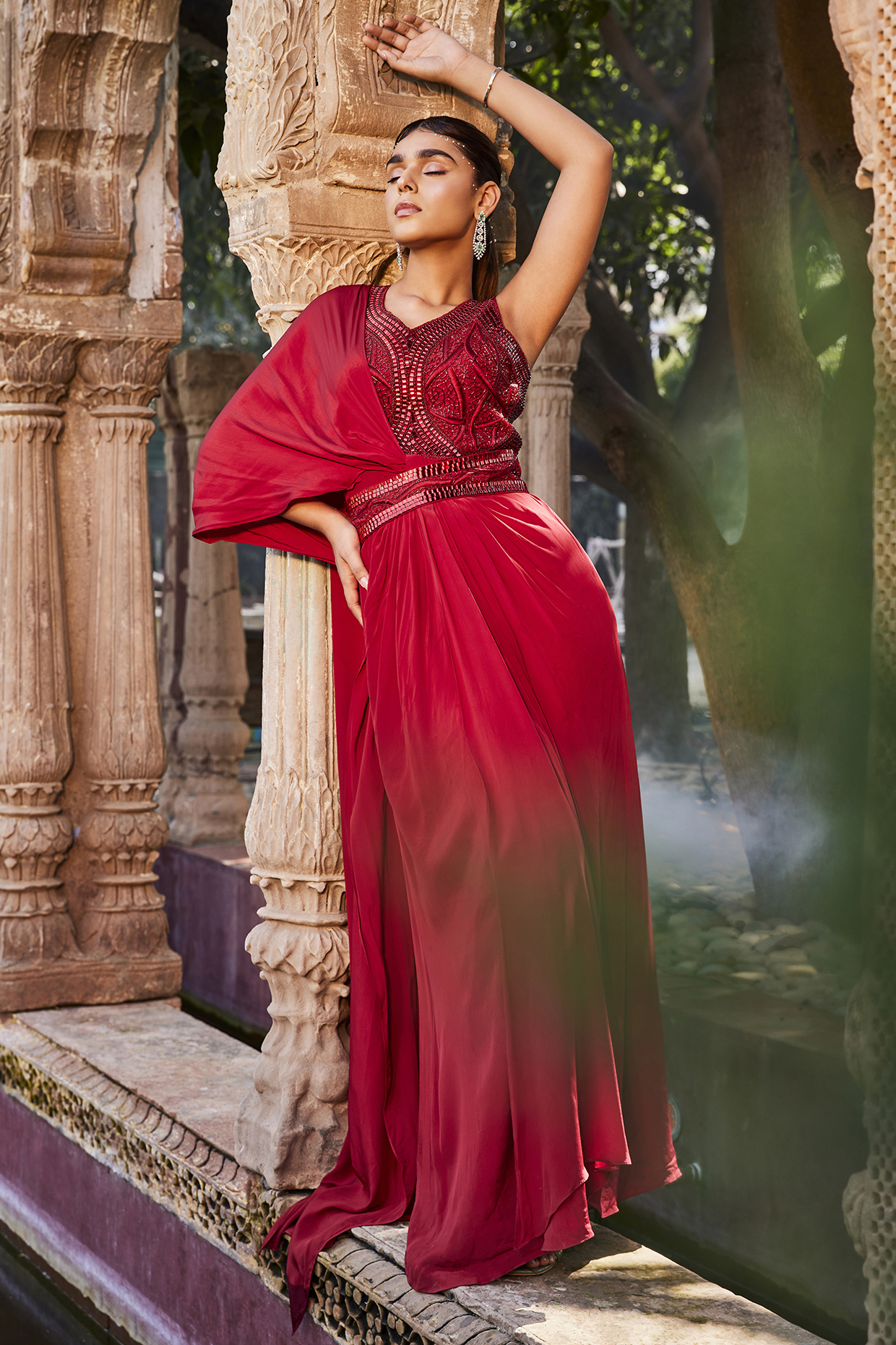 Red Crepe Embroidered Wedding Gown Saree With Belt by Mehak Murpana at Pernia's Pop Up Shop