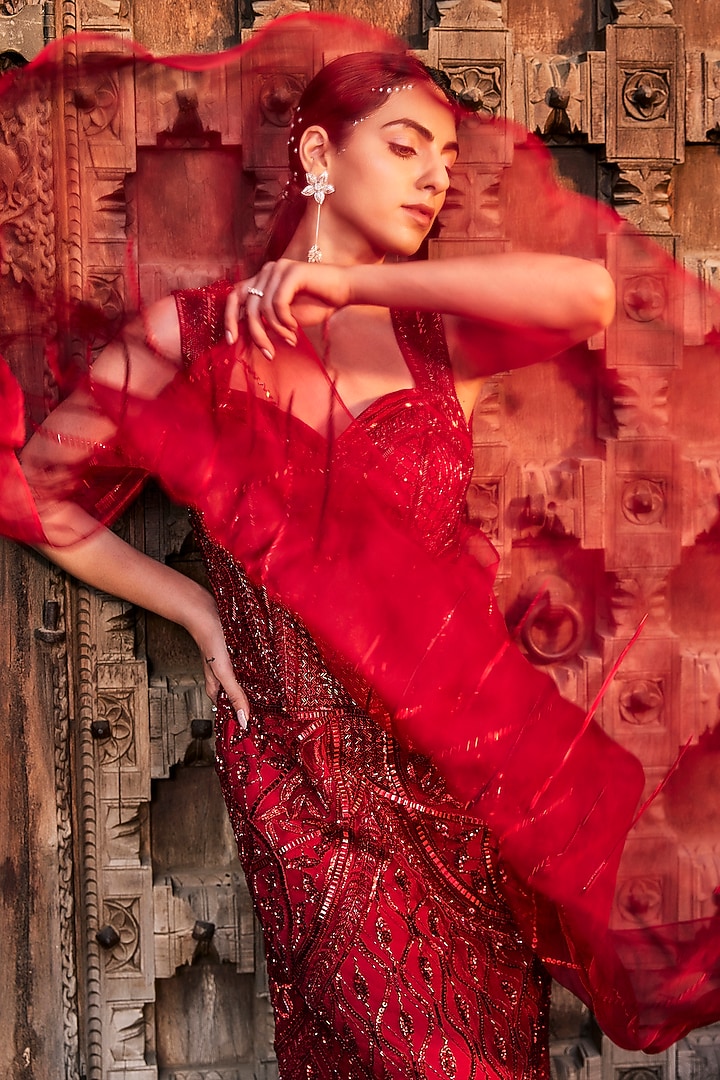 Red Embroidered Gown by Mehak Murpana at Pernia's Pop Up Shop