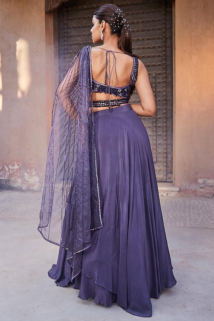 Amethyst Purple Crepe & Organza Wedding Lehenga Set by Mehak Murpana at Pernia's Pop Up Shop