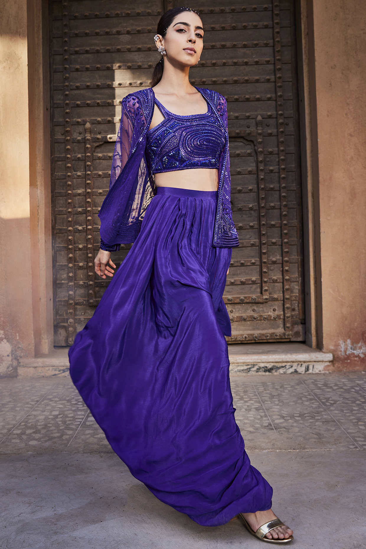 Purple Chiffon Magnolia Printed Cape Set by Mehak Murpana at Pernia's Pop Up Shop