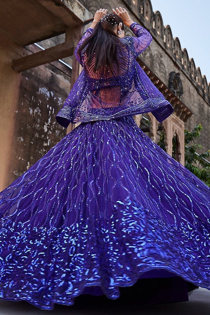 Bright Purple Embroidered Jacket Bridal Lehenga Set by Mehak Murpana at Pernia's Pop Up Shop