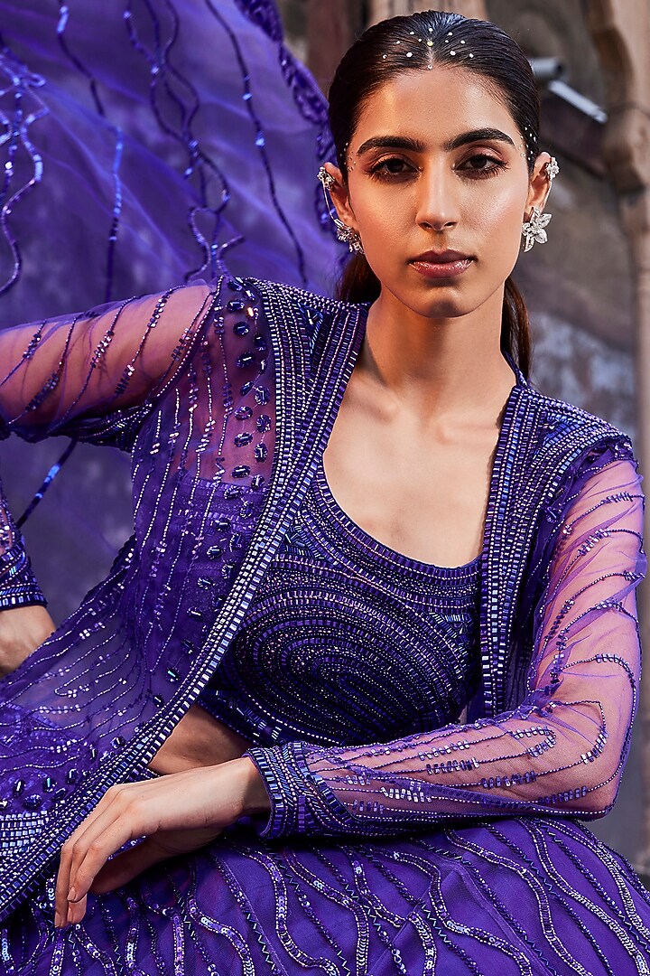 Bright Purple Embroidered Jacket Bridal Lehenga Set by Mehak