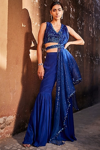 Blue Crepe Sharara Set by Mehak Murpana