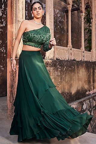 Green Crepe Lehenga Set by Mehak Murpana