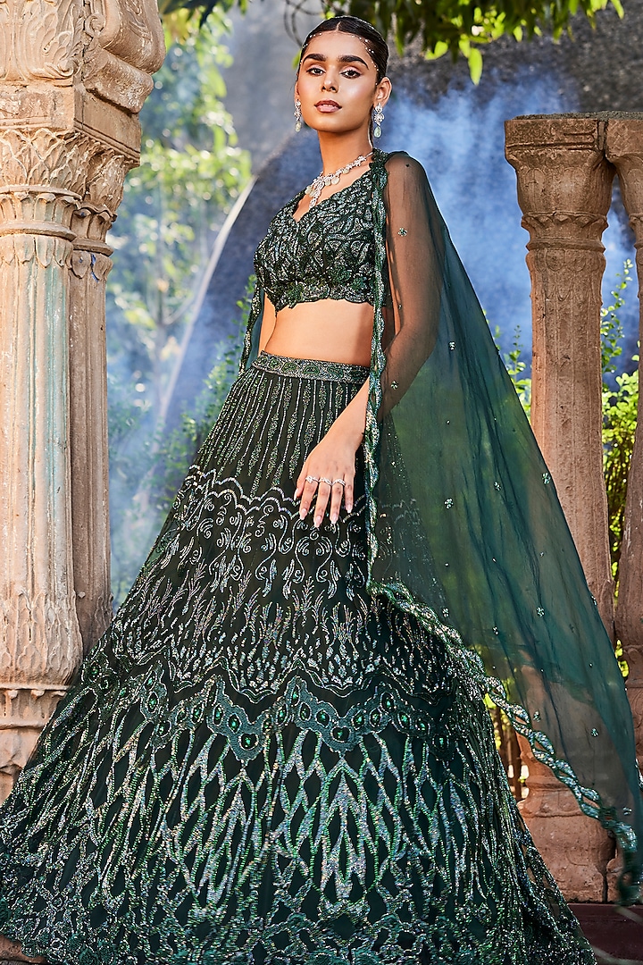 Green Embroidered Bridal Lehenga Set by Mehak Murpana at Pernia's Pop Up Shop