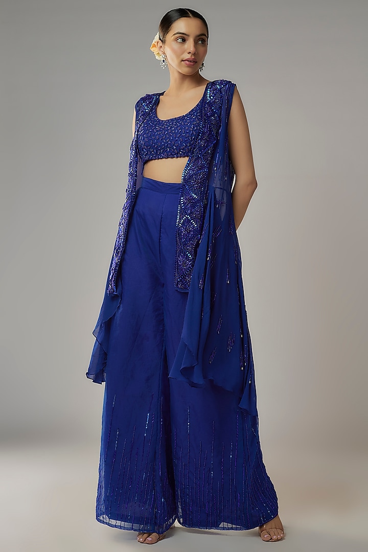 Blue Georgette & Organza Embroidered Pant Set by Mehak Murpana