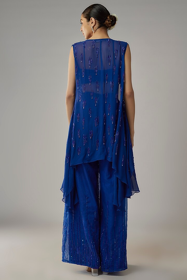 Blue Georgette & Organza Embroidered Pant Set by Mehak Murpana at Pernia's Pop Up Shop