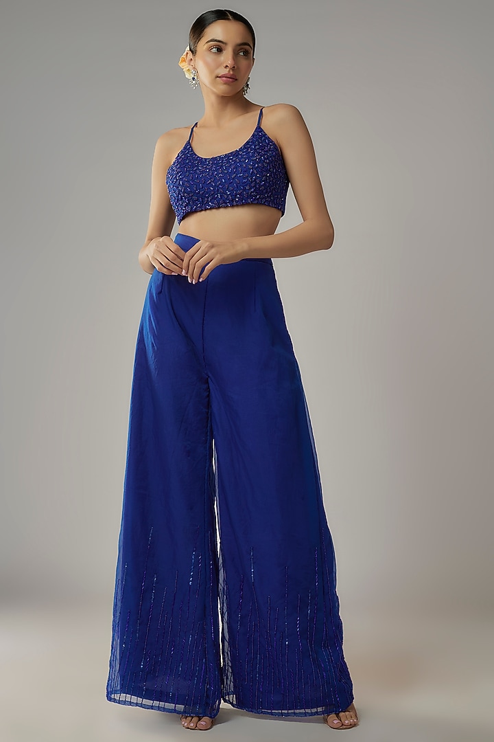 Blue Georgette & Organza Embroidered Pant Set by Mehak Murpana at Pernia's Pop Up Shop