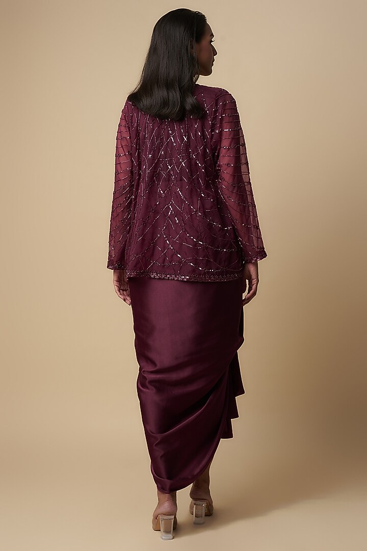 Maroon Organza Embroidered Jacket Set by Mehak Murpana at Pernia's Pop Up Shop