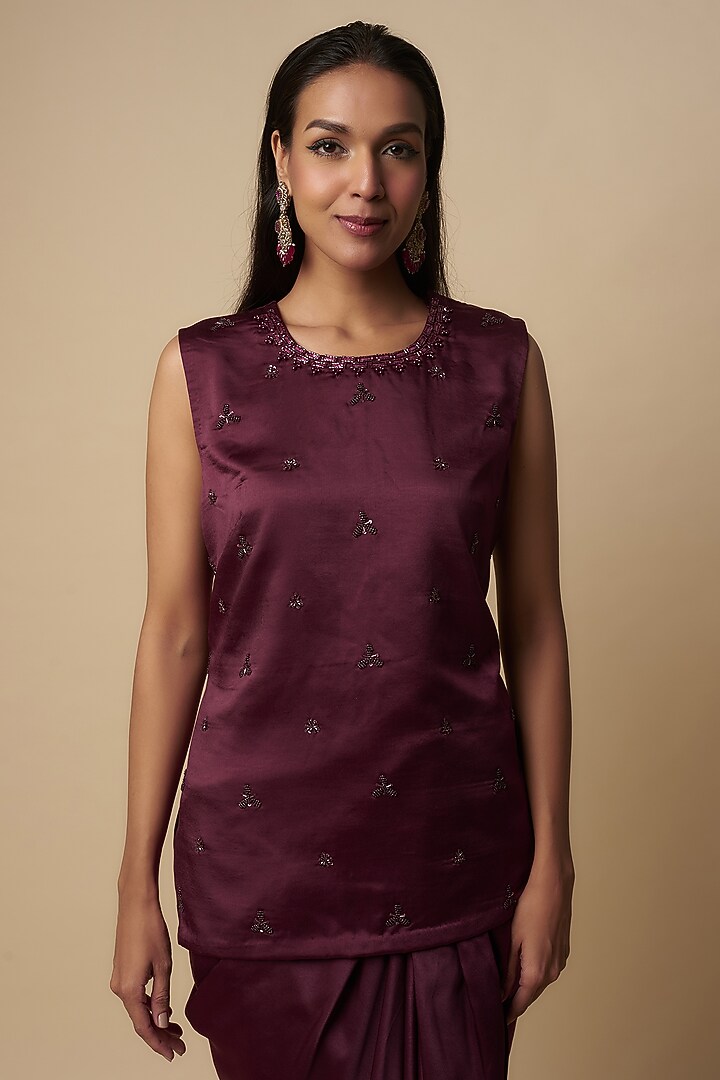 Maroon Organza Embroidered Jacket Set by Mehak Murpana at Pernia's Pop Up Shop