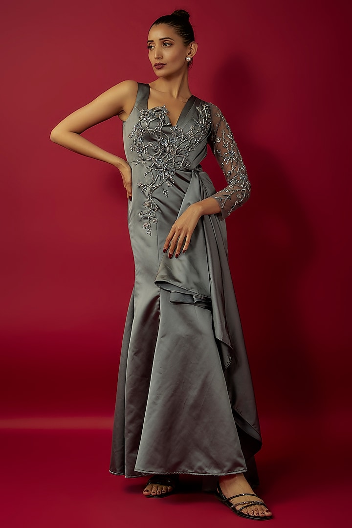 Steel Grey Bridal Satin Embroidered Gown by Mehak Murpana