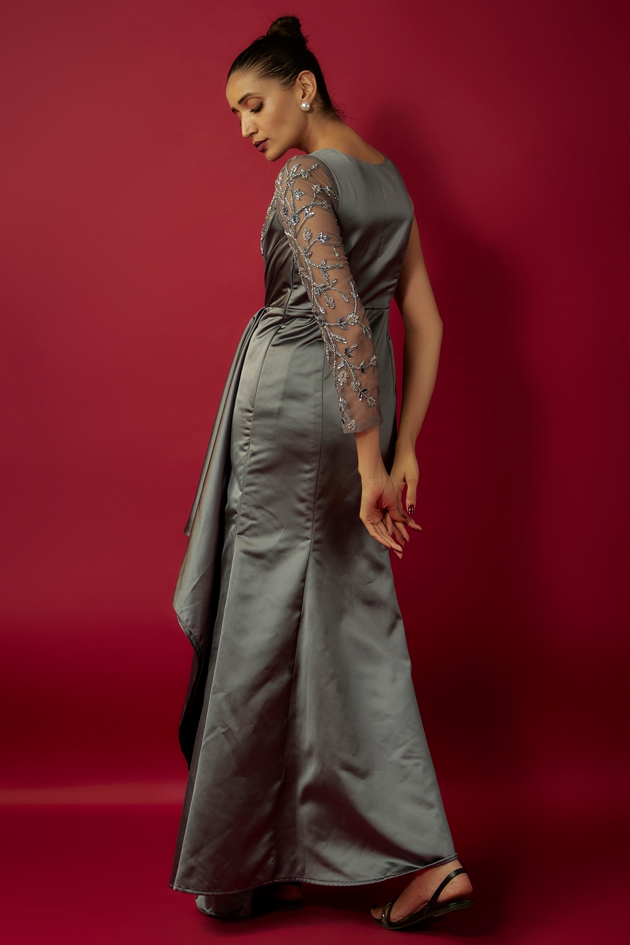 Steel Grey Bridal Satin Embroidered Gown Design by Mehak Murpana