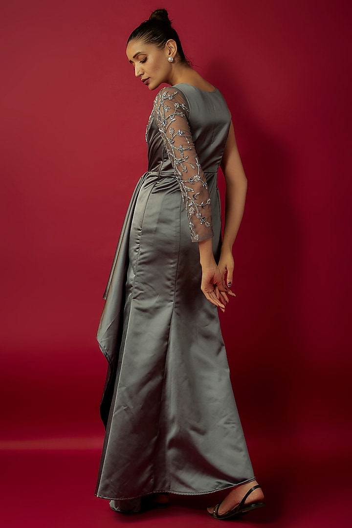 Steel Grey Bridal Satin Embroidered Engagement Gown by Mehak Murpana at Pernia's Pop Up Shop