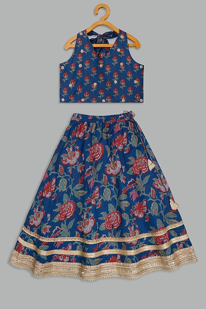 Teal Cotton Printed Lehenga Set For Girls by Bunny Lane at Pernia's Pop Up Shop