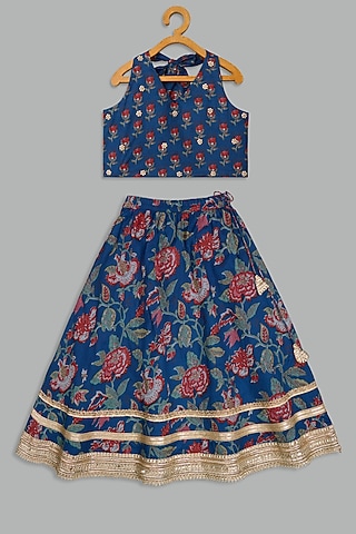Teal Cotton Printed Lehenga Set For Girls by Bunny Lane