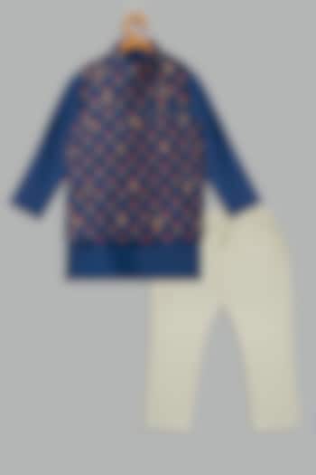 Teal Cotton Printed Bundi Jacket Set For Boys by Bunny Lane at Pernia's Pop Up Shop