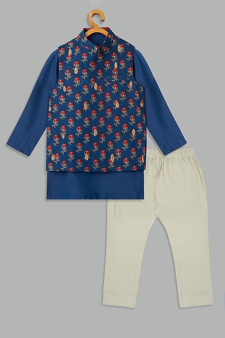 Teal Cotton Printed Bundi Jacket Set For Boys by Bunny Lane at Pernia's Pop Up Shop