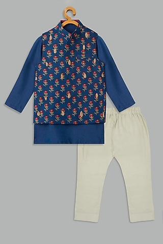 Teal Cotton Printed Bundi Jacket Set For Boys by Bunny Lane