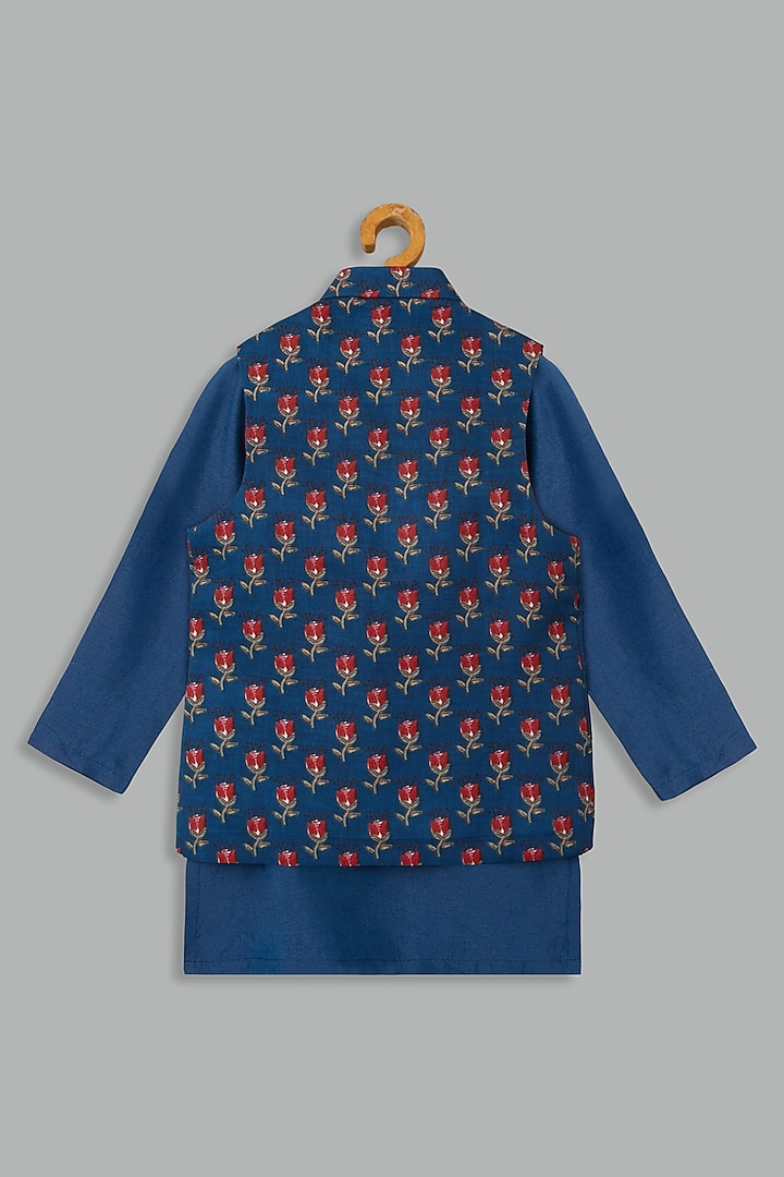 Teal Cotton Printed Bundi Jacket Set For Boys by Bunny Lane at Pernia's Pop Up Shop