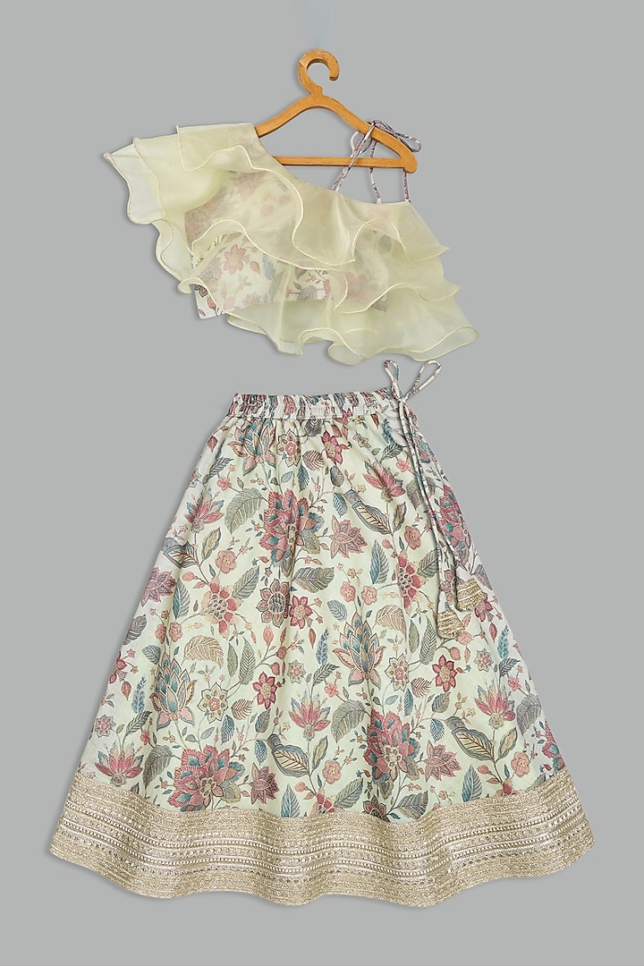 Ivory Cotton Linen Printed Lehenga Set For Girls by Bunny Lane at Pernia's Pop Up Shop