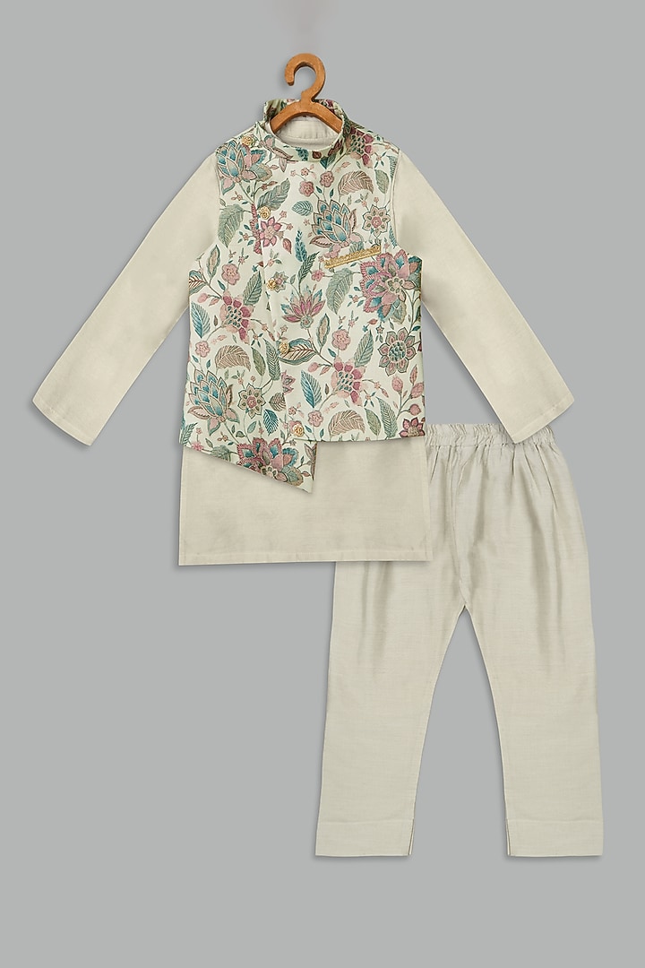 Ivory Cotton Linen Printed Bundi Jacket Set For Boys by Bunny Lane at Pernia's Pop Up Shop