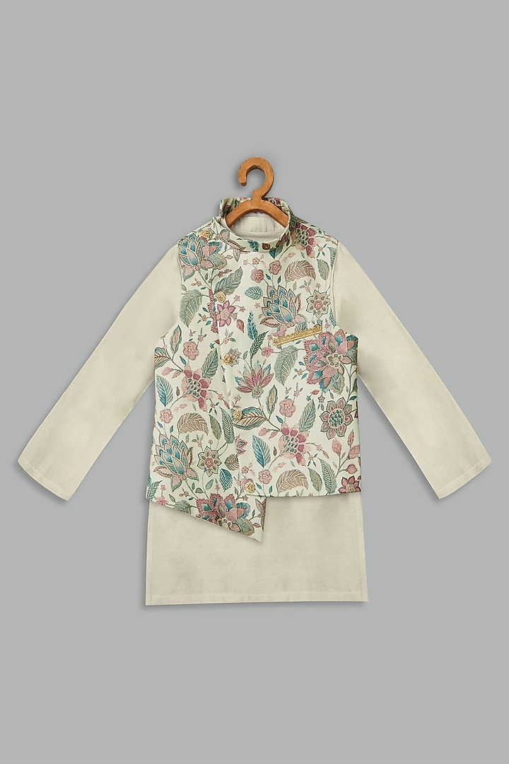 Ivory Cotton Linen Printed Bundi Jacket Set For Boys by Bunny Lane at Pernia's Pop Up Shop