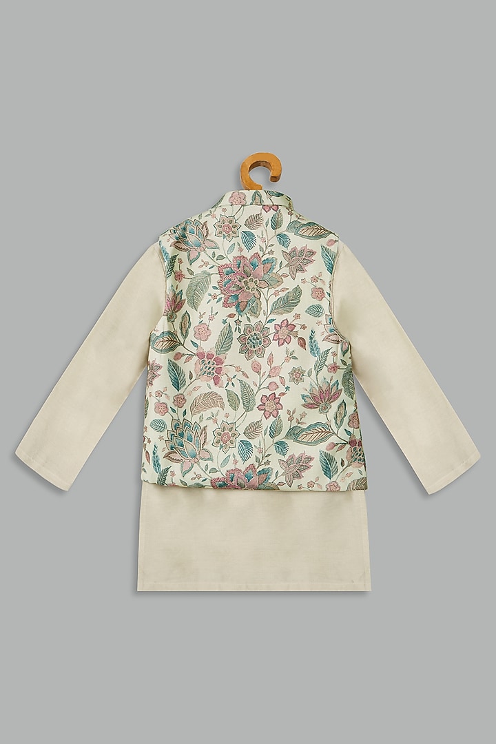 Ivory Cotton Linen Printed Bundi Jacket Set For Boys by Bunny Lane at Pernia's Pop Up Shop