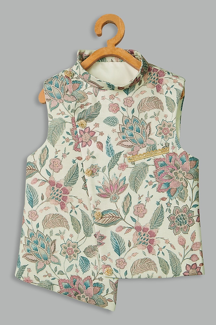 Ivory Cotton Linen Printed Bundi Jacket Set For Boys by Bunny Lane at Pernia's Pop Up Shop