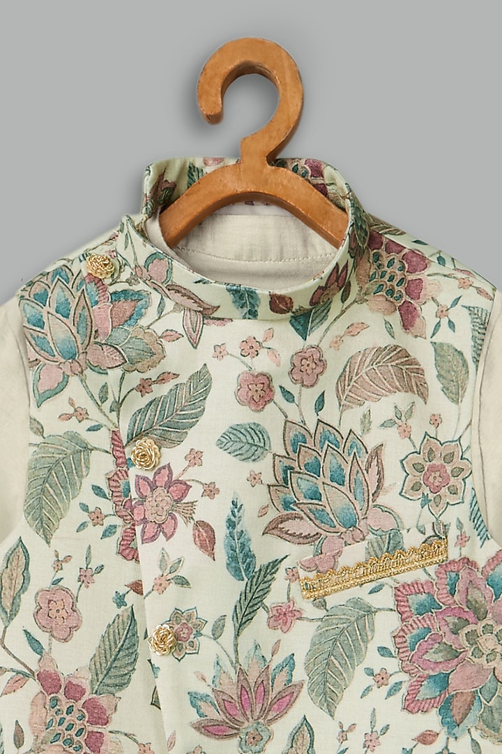 Ivory Cotton Linen Printed Bundi Jacket Set For Boys by Bunny Lane at Pernia's Pop Up Shop
