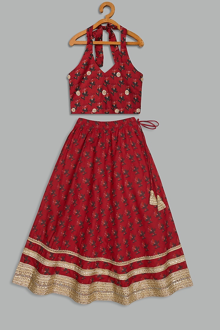 Red Cotton Printed Lehenga Set For Girls by Bunny Lane at Pernia's Pop Up Shop