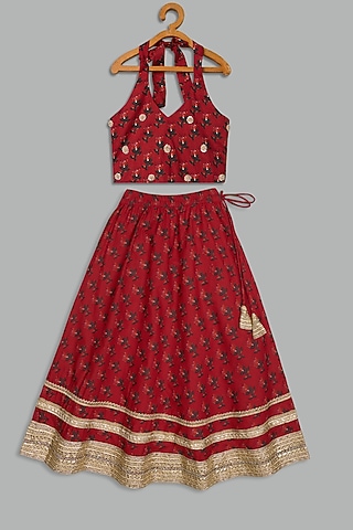 Red Cotton Printed Lehenga Set For Girls by Bunny Lane