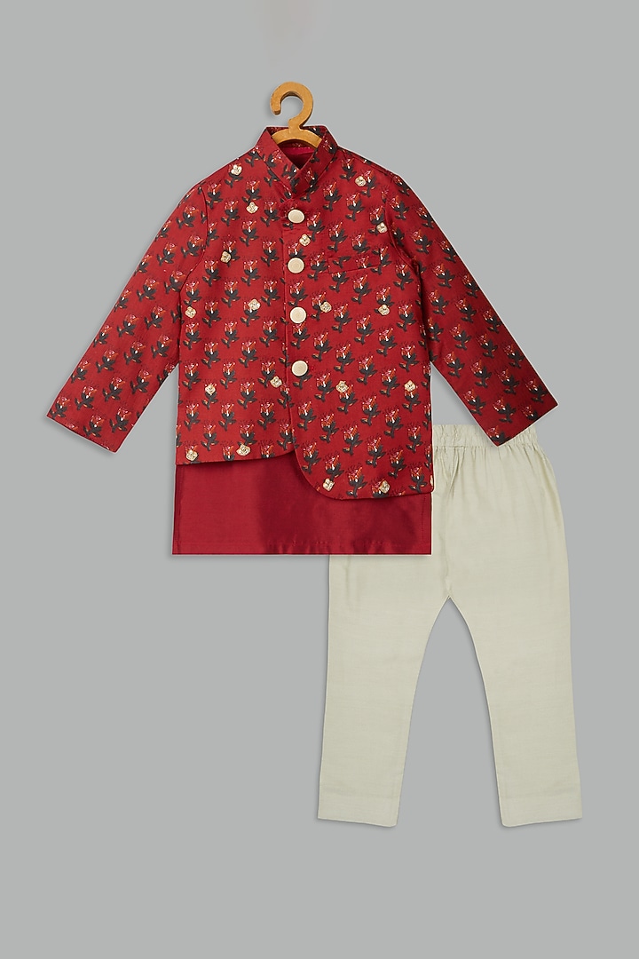 Red Cotton Silk Printed Jacket Set For Girls by Bunny Lane at Pernia's Pop Up Shop