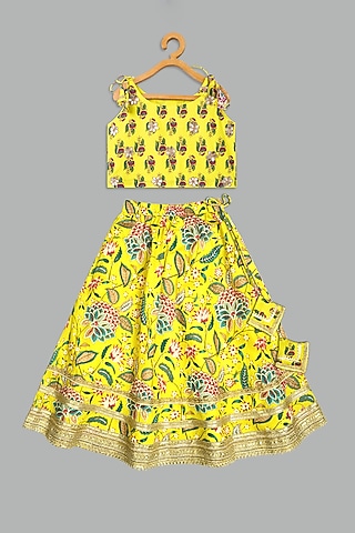 Yellow Cotton Printed Lehenga Set For Girls by Bunny Lane