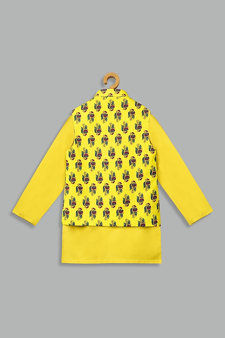 Yellow Cotton Silk Printed Bundi Jacket Set For Boys by Bunny Lane at Pernia's Pop Up Shop