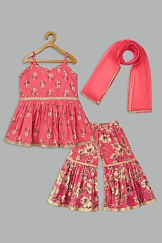 Pink Cotton Printed Sharara Set For Girls by Bunny Lane