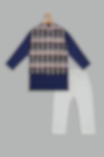 Navy Blue Velvet Printed Bundi Jacket Set For Boys by Bunny Lane at Pernia's Pop Up Shop