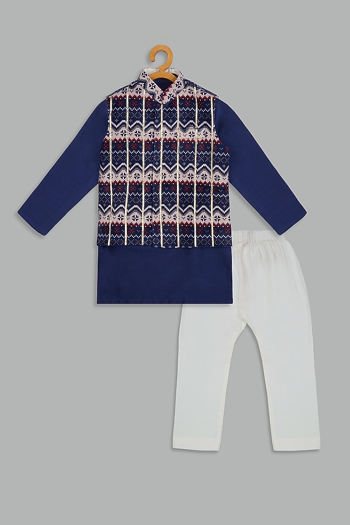 Navy Blue Velvet Printed Bundi Jacket Set For Boys by Bunny Lane at Pernia's Pop Up Shop