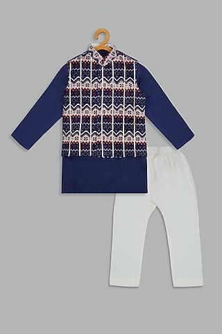 Navy Blue Velvet Printed Bundi Jacket Set For Boys by Bunny Lane