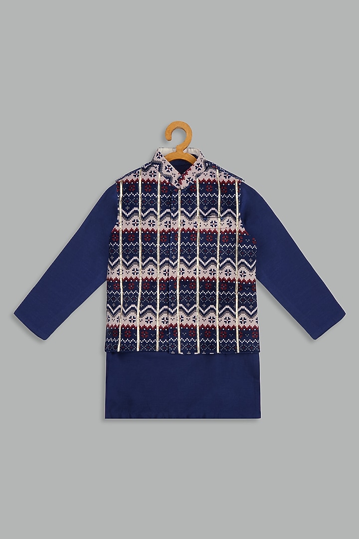 Navy Blue Velvet Printed Bundi Jacket Set For Boys by Bunny Lane at Pernia's Pop Up Shop