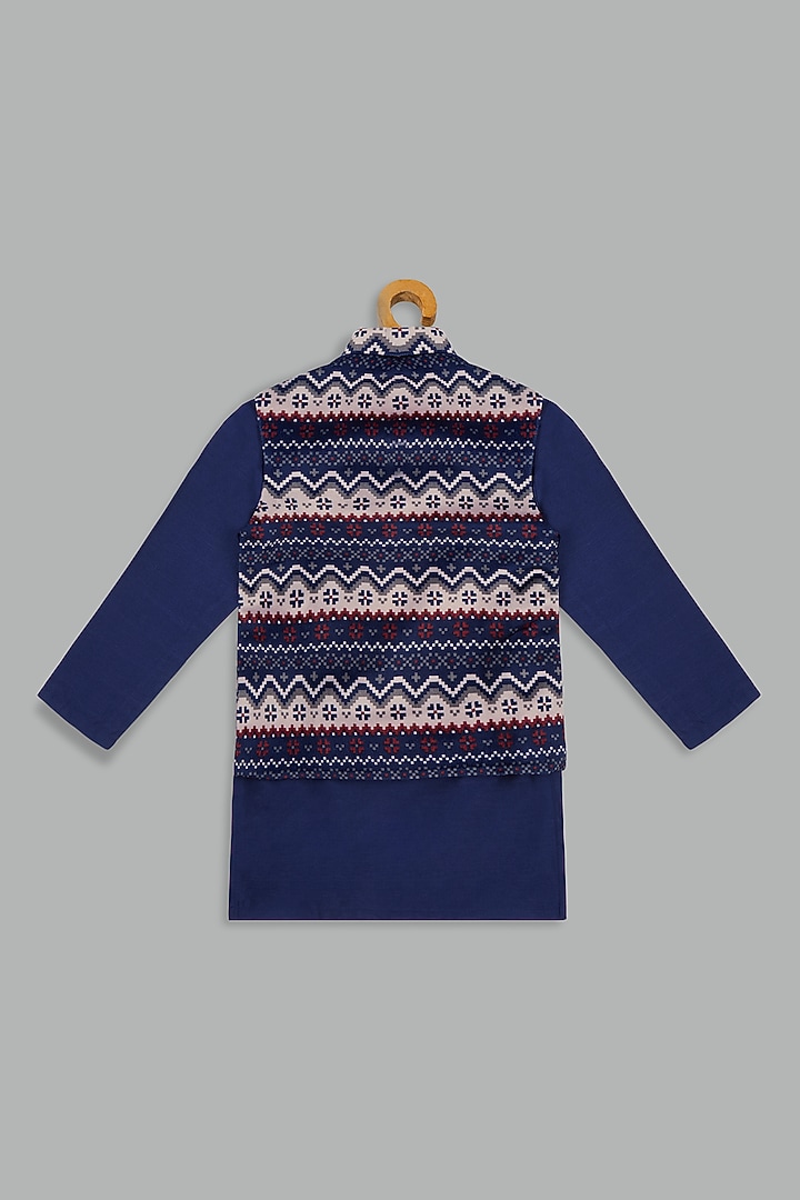 Navy Blue Velvet Printed Bundi Jacket Set For Boys by Bunny Lane at Pernia's Pop Up Shop
