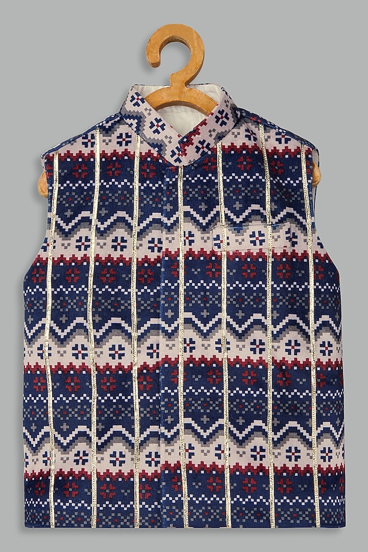 Navy Blue Velvet Printed Bundi Jacket Set For Boys by Bunny Lane at Pernia's Pop Up Shop