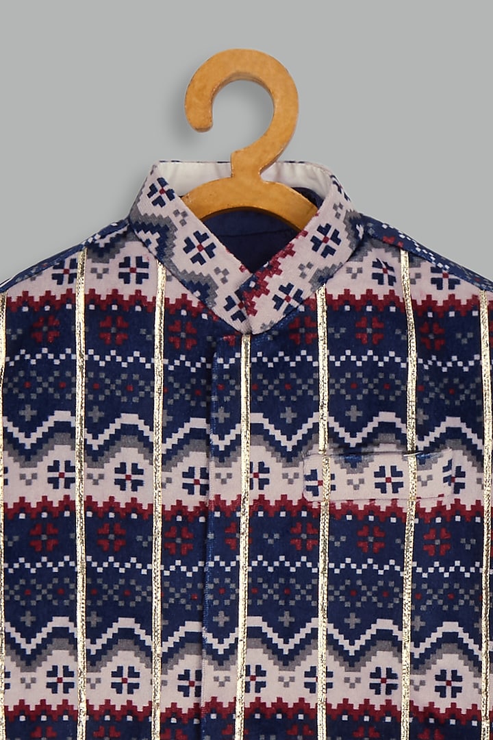 Navy Blue Velvet Printed Bundi Jacket Set For Boys by Bunny Lane at Pernia's Pop Up Shop