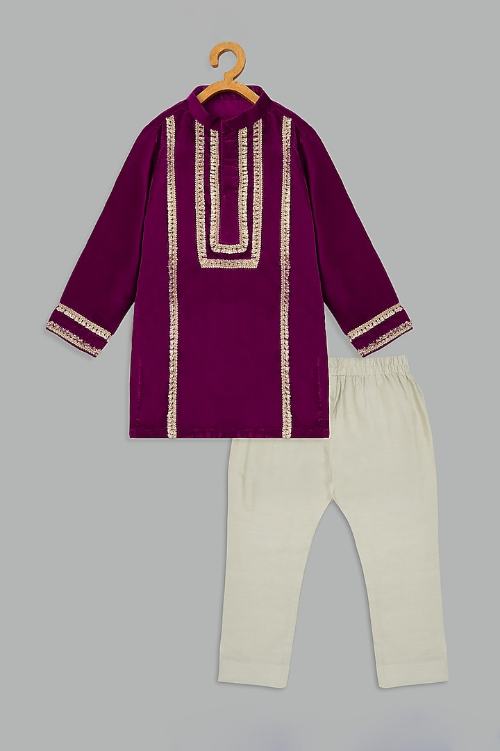 Pink Velvet & Cotton Silk Kurta Set For Boys by Bunny Lane at Pernia's Pop Up Shop