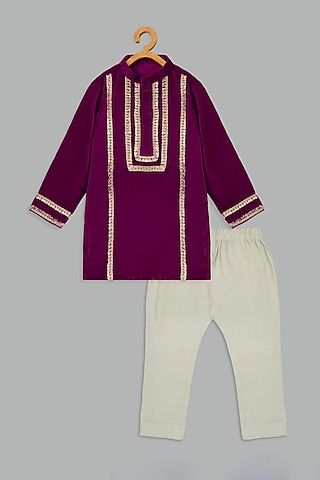 Pink Velvet & Cotton Silk Kurta Set For Boys by Bunny Lane
