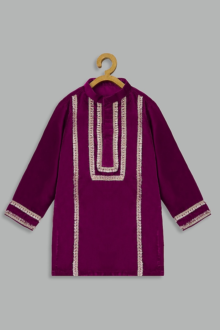 Pink Velvet & Cotton Silk Kurta Set For Boys by Bunny Lane at Pernia's Pop Up Shop