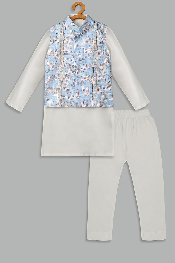 Sky Blue Cotton Silk Bundi Jacket Set For Boys by Bunny Lane at Pernia's Pop Up Shop