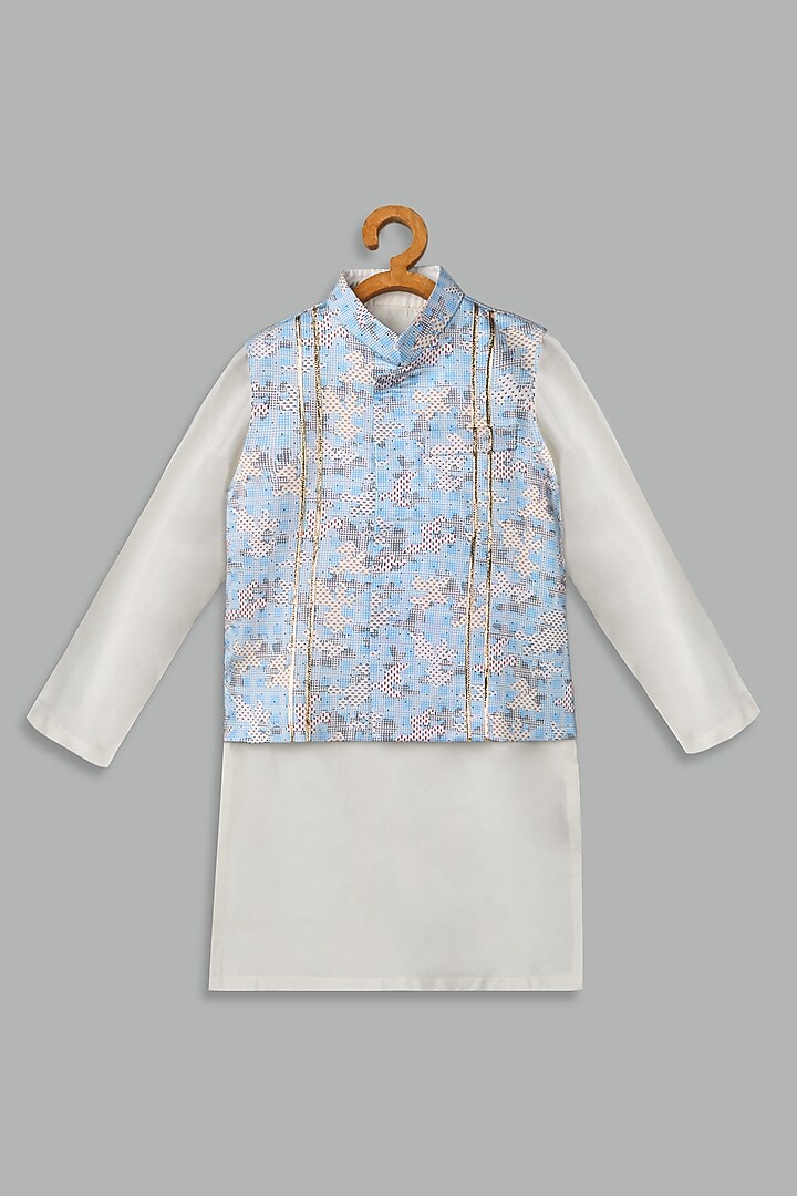 Sky Blue Cotton Silk Bundi Jacket Set For Boys by Bunny Lane at Pernia's Pop Up Shop