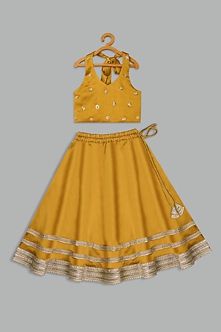 Mustard Yellow Satin Crepe Lehenga Set For Girls by Bunny Lane