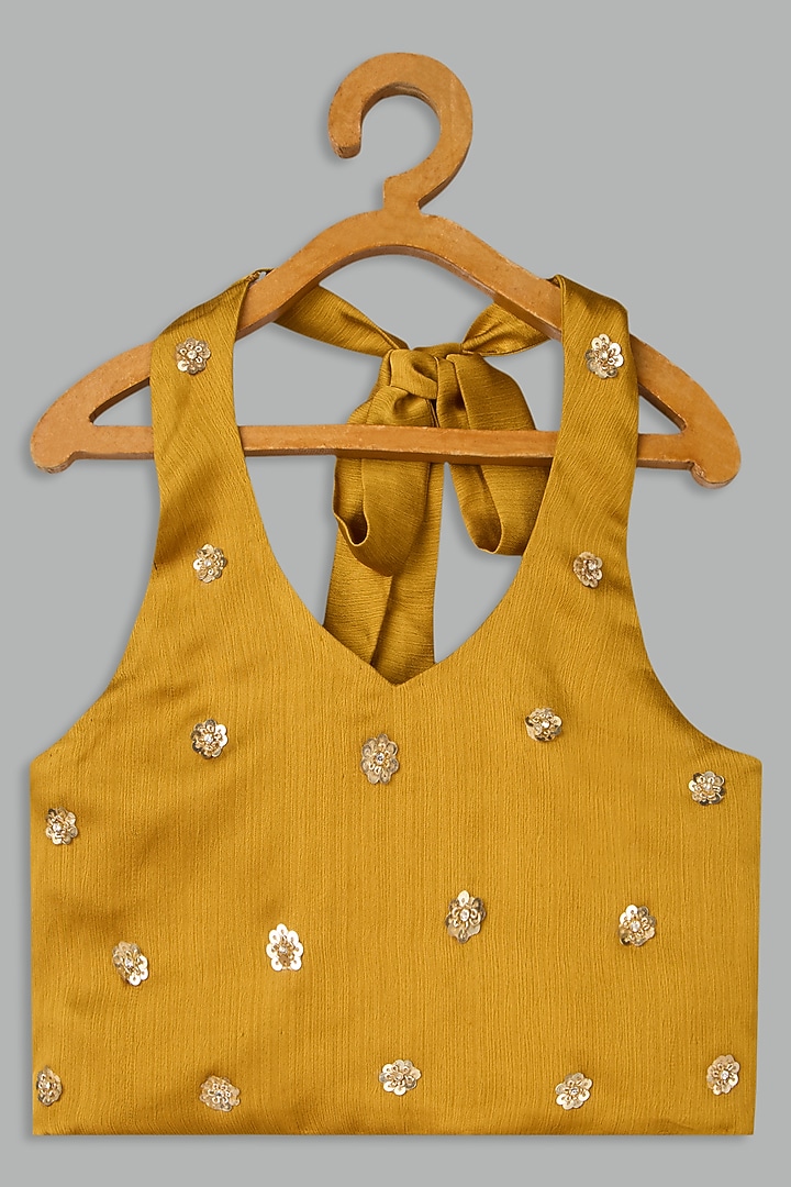 Mustard Yellow Satin Crepe Lehenga Set For Girls by Bunny Lane at Pernia's Pop Up Shop