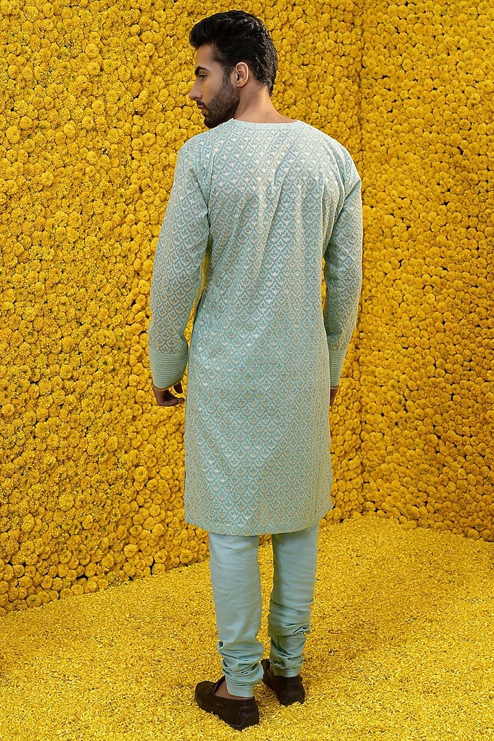 Aquamarine Banarasi Chanderi Kurta Set by Mahima Mahajan Men at Pernia's Pop Up Shop